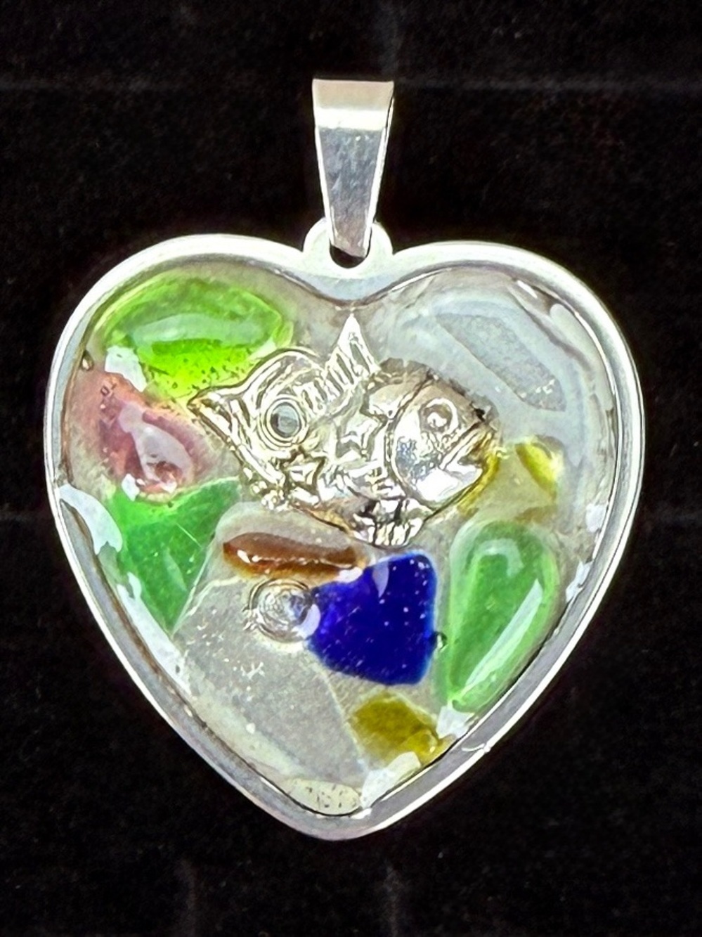 Heart Pendant Fish Multicolor Glass Accent Silvertone Artisan Jewelry
